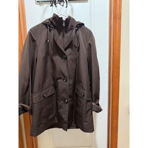 Gallery Petite Brown Hooded Rain Jacket Button Zip Front Coat Large Petite LP